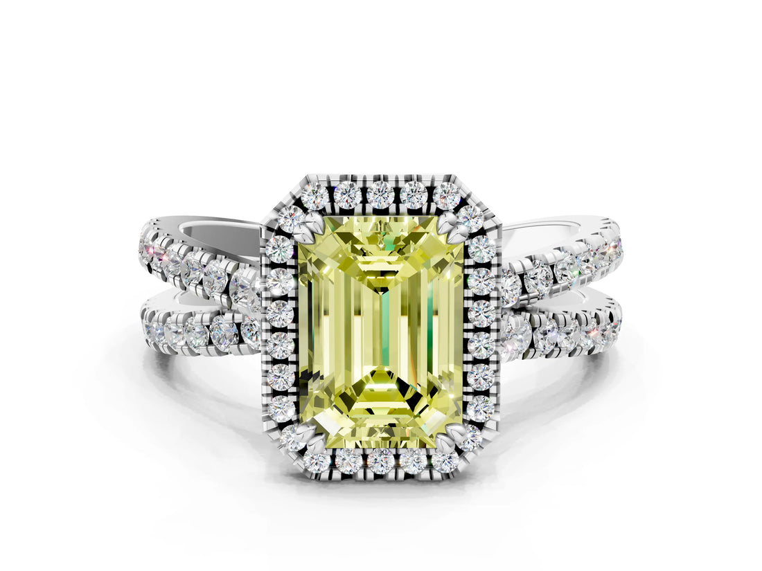 White gold Fancy Yellow Emerald  Halo Split Shank Diamond Ring with Pavé Setting_37