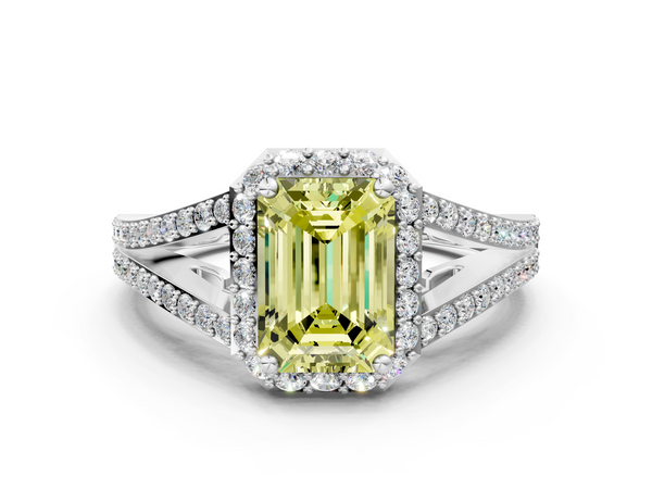 Platinum Fancy Yellow Emerald  Halo Split Shank Diamond Ring with Prong Setting