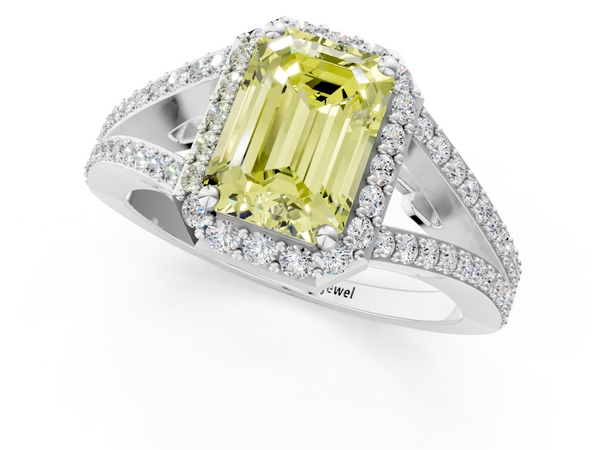 Platinum Fancy Yellow Emerald  Halo Split Shank Diamond Ring with Prong Setting