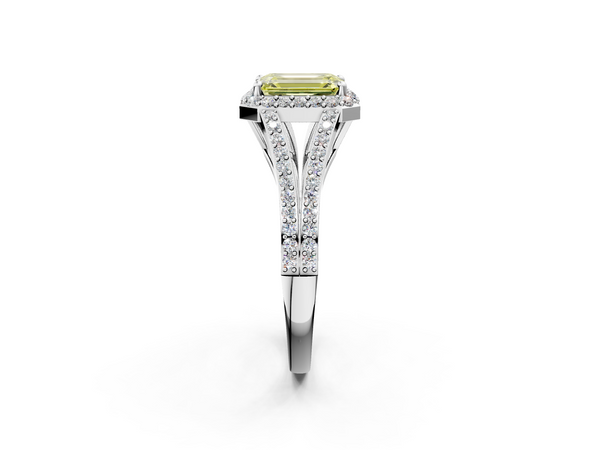Platinum Fancy Yellow Emerald  Halo Split Shank Diamond Ring with Prong Setting