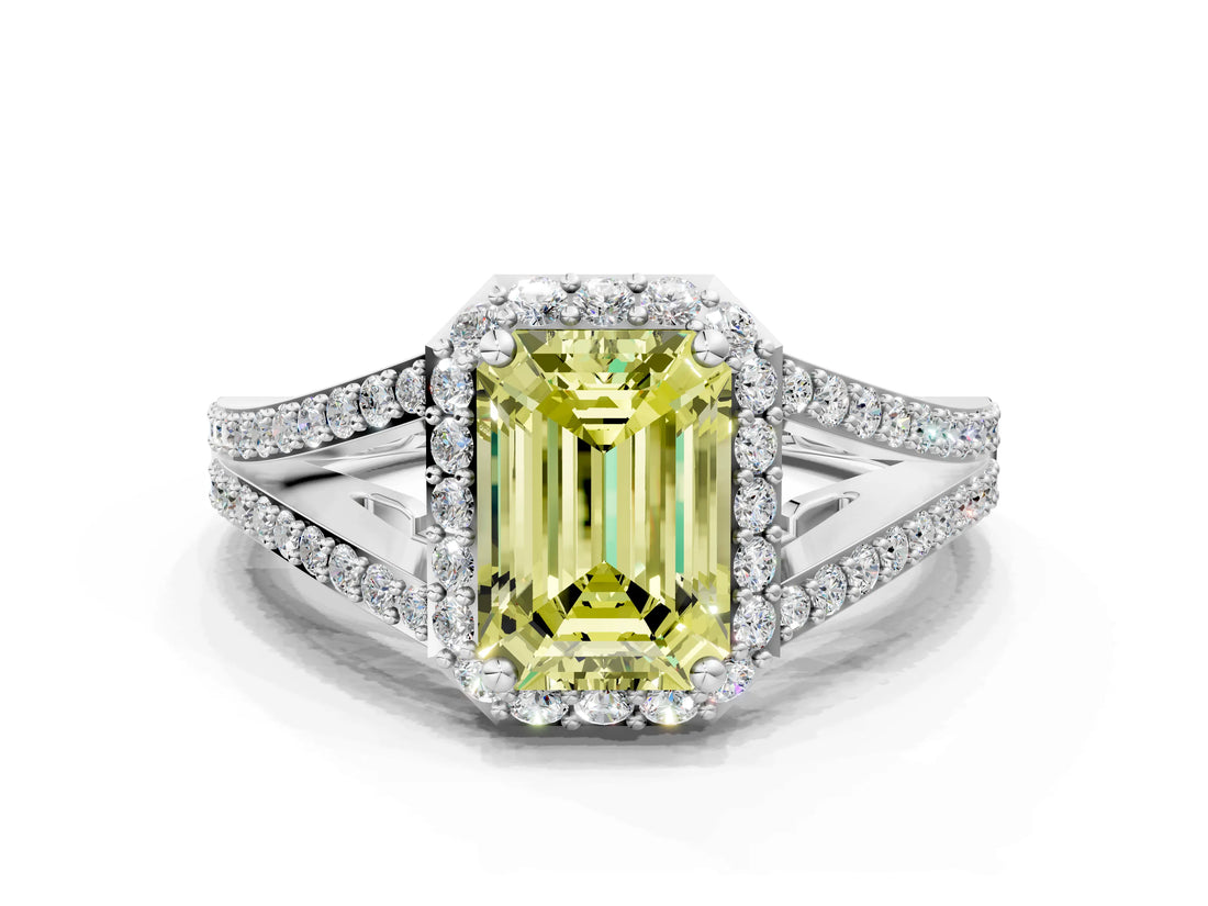 White gold Fancy Yellow Emerald  Halo Split Shank Pave Diamond Ring with Four-Prong Setting_60