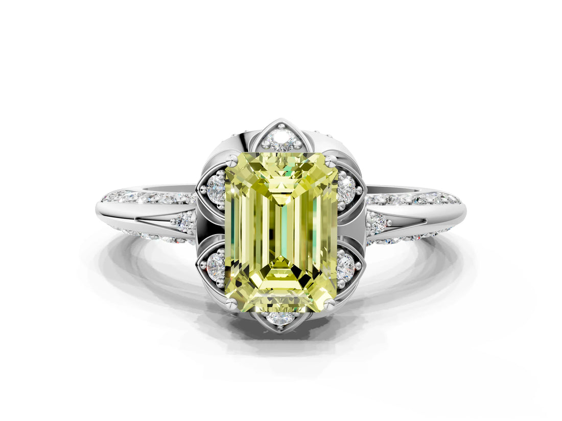 White gold Fancy Yellow Emerald  Halo Split Shank Pave Diamond Ring with Petal Prong Setting_32