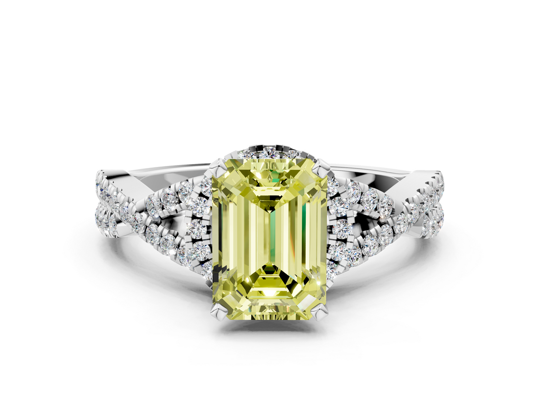White gold Fancy Yellow Emerald  Halo Twist Band Solitaire Prong Setting Ring_115