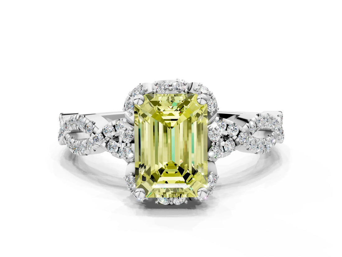 White gold Fancy Yellow Emerald  Halo Twist Band Solitaire Ring with Six-Prong Setting_32
