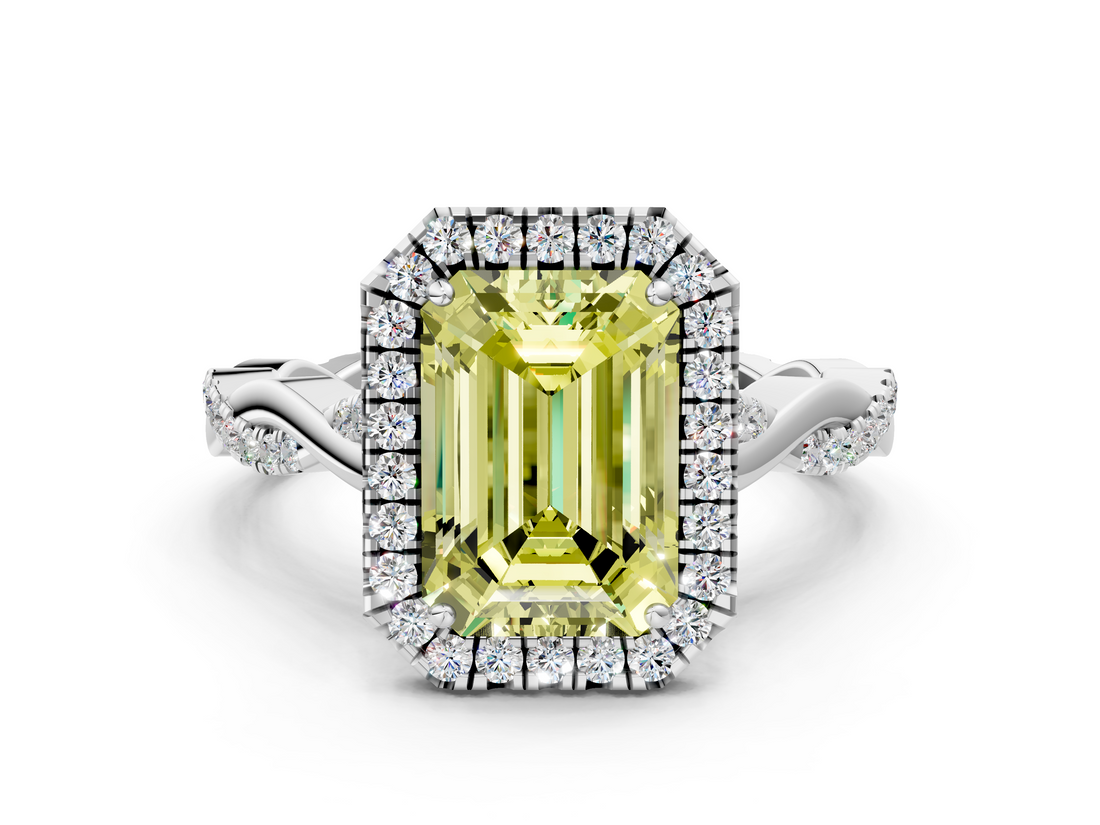 White gold Fancy Yellow Emerald  Halo Twist Band Solitaire Ring_21