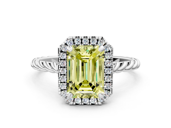 White gold Fancy Yellow Emerald  Halo Twisted Band Four-Prong Diamond Ring