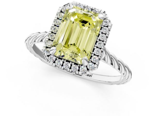 White gold Fancy Yellow Emerald  Halo Twisted Band Four-Prong Diamond Ring