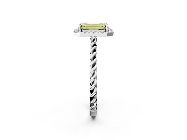 White gold Fancy Yellow Emerald  Halo Twisted Band Four-Prong Diamond Ring