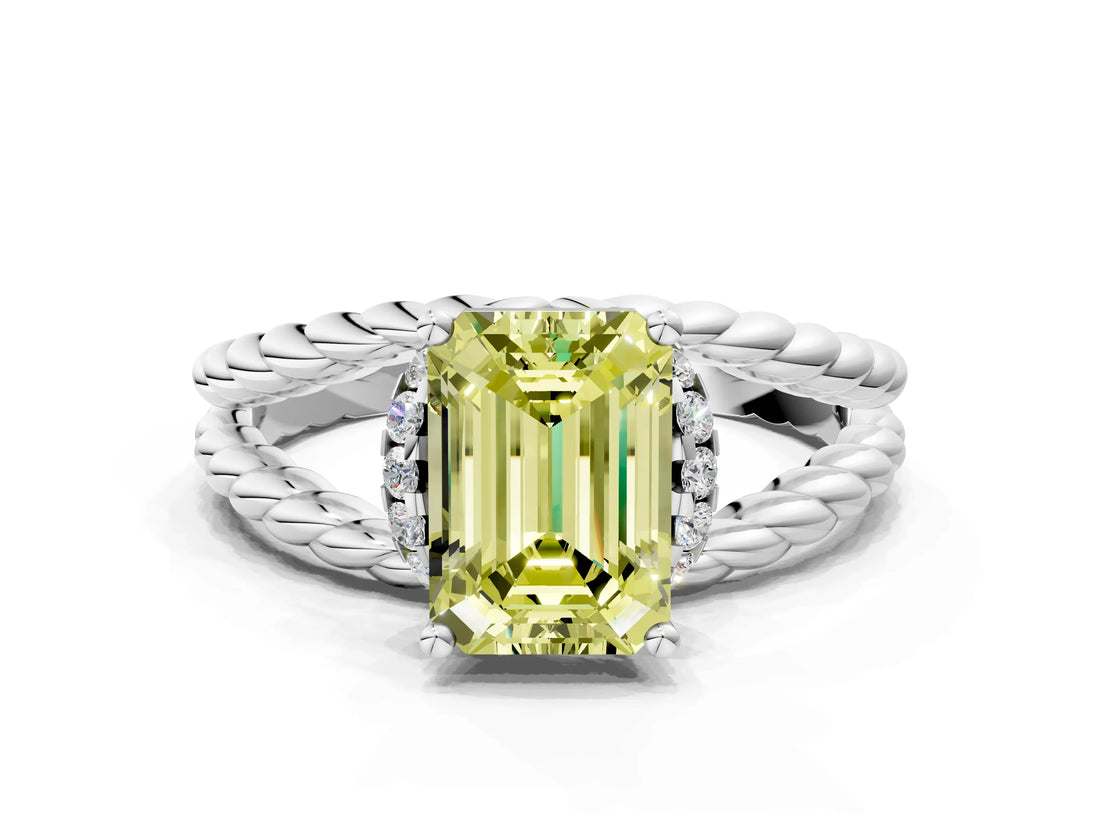 White gold Fancy Yellow Emerald  Halo Twisted Band Four-Prong Ring_31