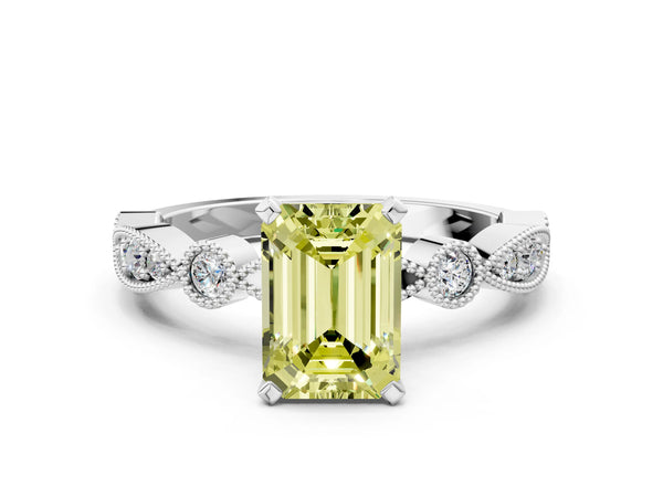White Gold Emerald Cut Milgrain Bezel Engagement Ring Setting for Fancy Yellow Center