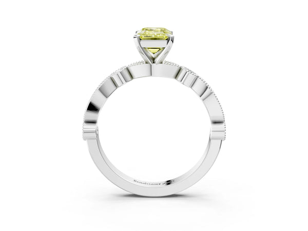 White Gold Emerald Cut Milgrain Bezel Engagement Ring Setting for Fancy Yellow Center