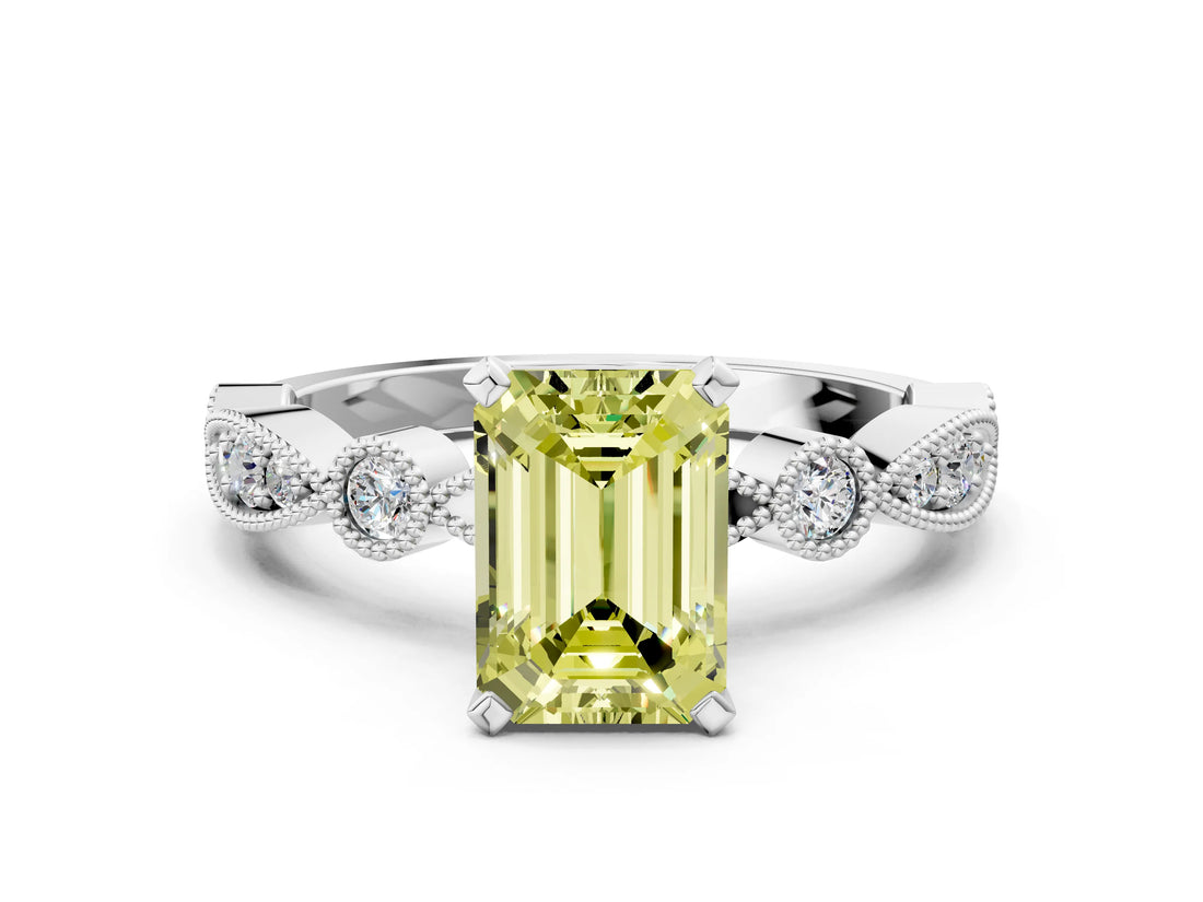 White gold Fancy Yellow Emerald  Milgrain Bezel Diamond Engagement Ring with Solitaire Prong Setting_184