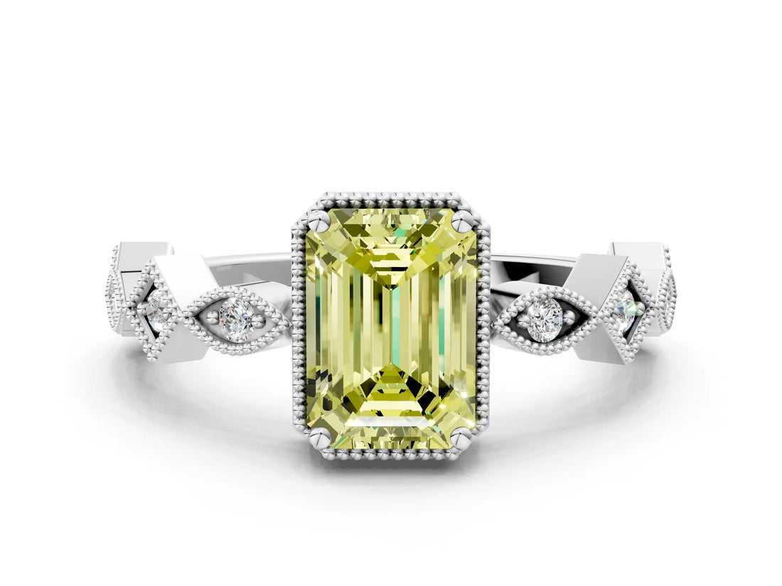 White gold Fancy Yellow Emerald  Milgrain Marquise Diamond Twist Band Ring_62