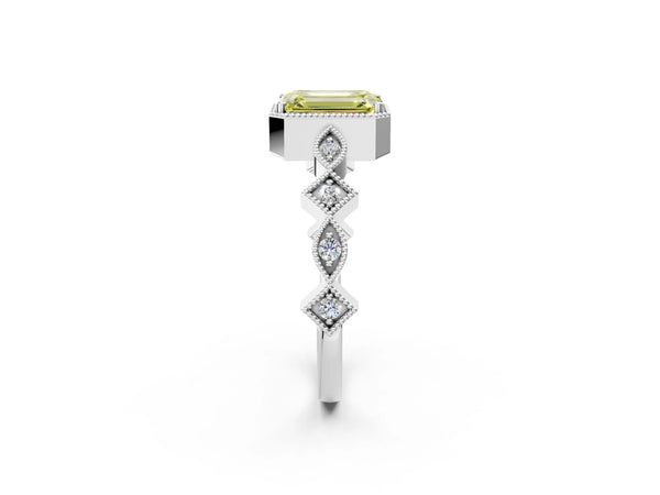 Platinum Fancy Yellow Emerald  Milgrain Marquise Diamond Twist Band Ring