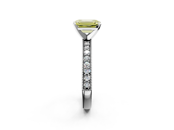White gold Fancy Yellow Emerald Cut Diamond Milgrain Pavé Engagement Ring with Four-Prong Setting