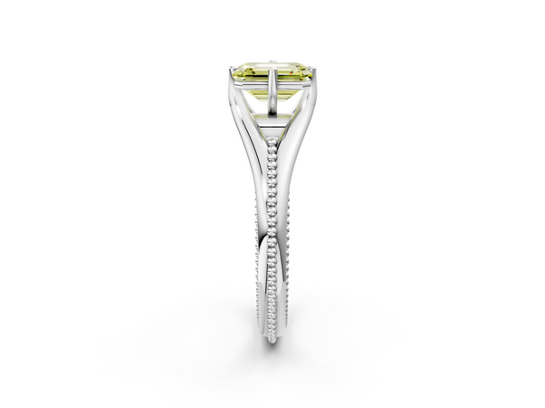White gold Fancy Yellow Emerald  Solitaire Beaded Band Six-Prong Setting