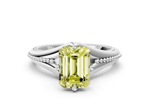 White gold Fancy Yellow Emerald  Solitaire Beaded Band Six-Prong Setting