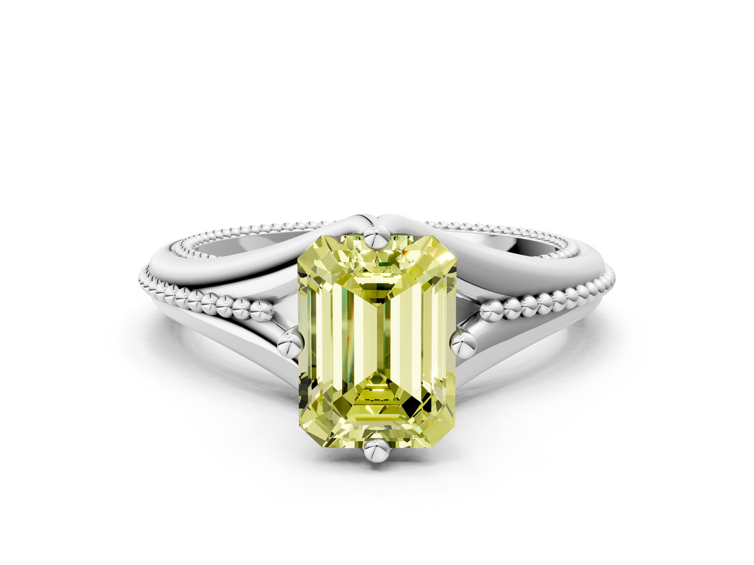 White gold Fancy Yellow Emerald  Solitaire Beaded Band Six-Prong Setting