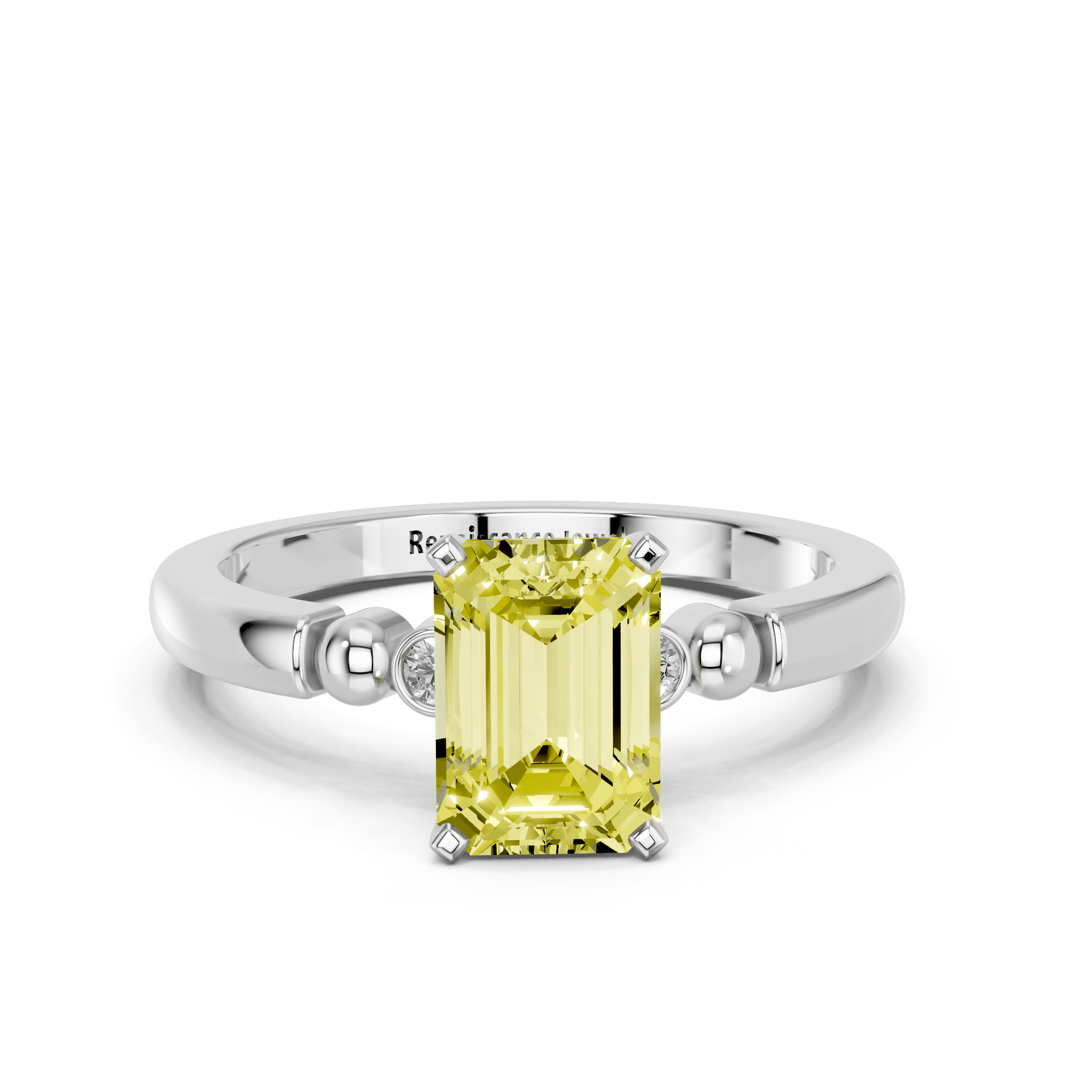 White gold Fancy Yellow Emerald  Solitaire Beaded Band with Four-Prong Setting_11