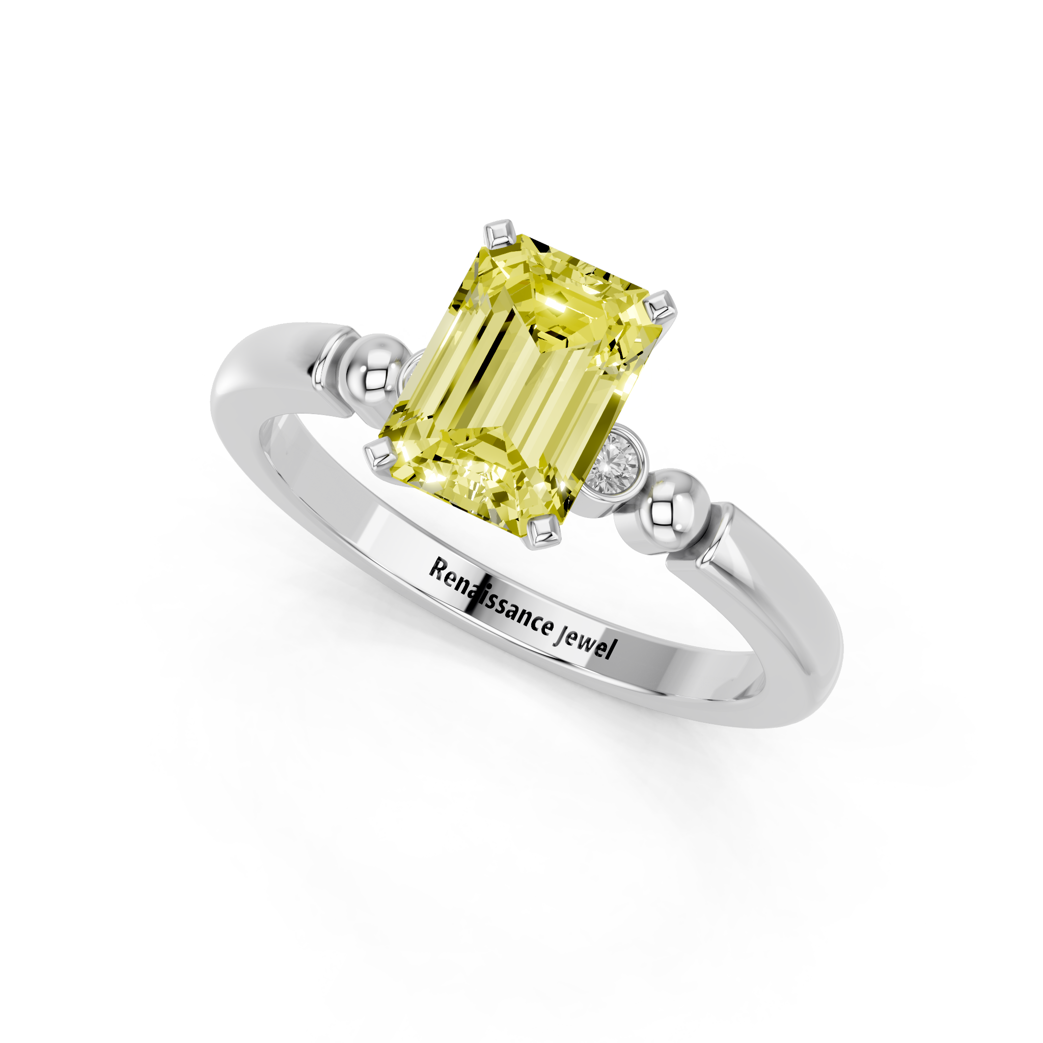 White gold Fancy Yellow Emerald  Solitaire Beaded Band with Four-Prong Setting_3