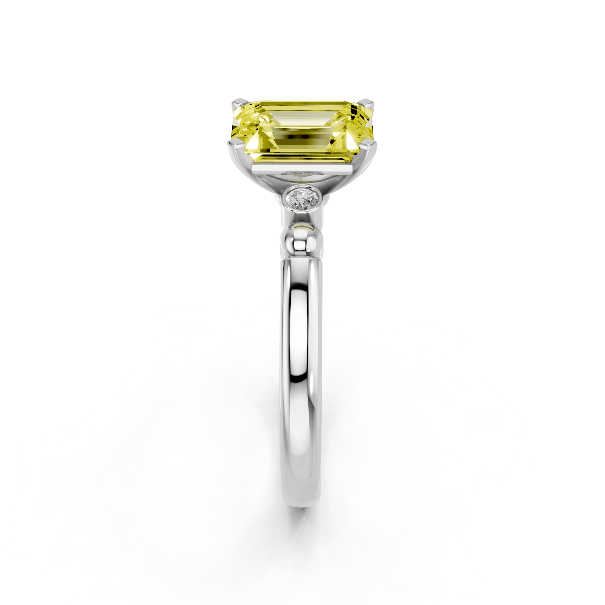 White gold Fancy Yellow Emerald  Solitaire Beaded Band with Four-Prong Setting_4