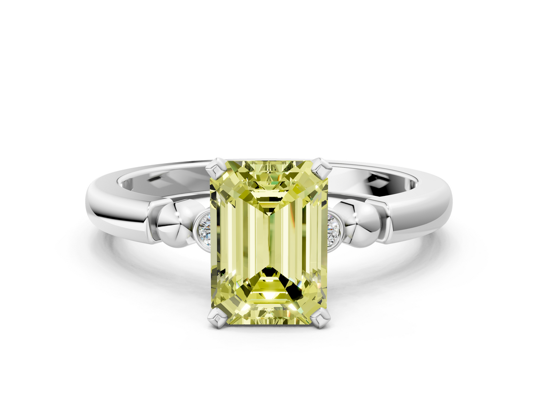 White gold Fancy Yellow Emerald  Solitaire Beaded Band with Four-Prong Setting_59