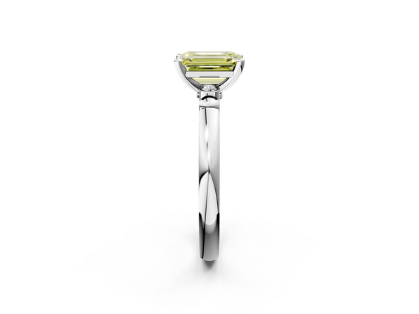 Platinum Fancy Yellow Emerald  Solitaire Beaded Band with Four-Prong Setting