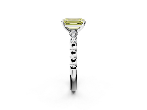 Platinum Fancy Yellow Emerald  Solitaire Bezel Accent Diamond Engagement Ring with Beaded Band and Four-Prong Setting
