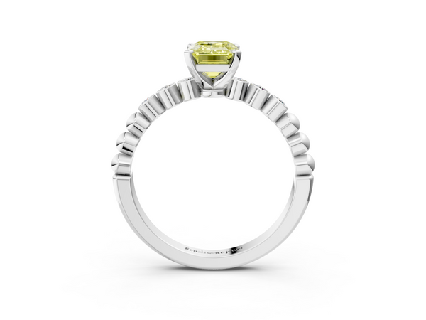 Platinum Fancy Yellow Emerald  Solitaire Bezel Accent Diamond Engagement Ring with Beaded Band and Four-Prong Setting