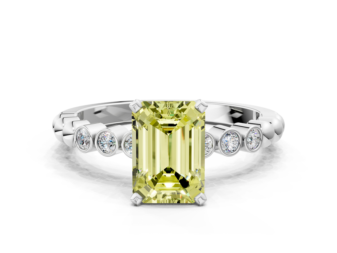 White gold Fancy Yellow Emerald  Solitaire Bezel Accent Diamond Engagement Ring with Beaded Band and Four-Prong Setting_39