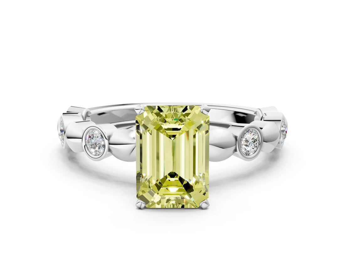 White gold Fancy Yellow Emerald  Solitaire Bezel-Set Diamond Ring with Beaded Band and Four-Prong Setting_31
