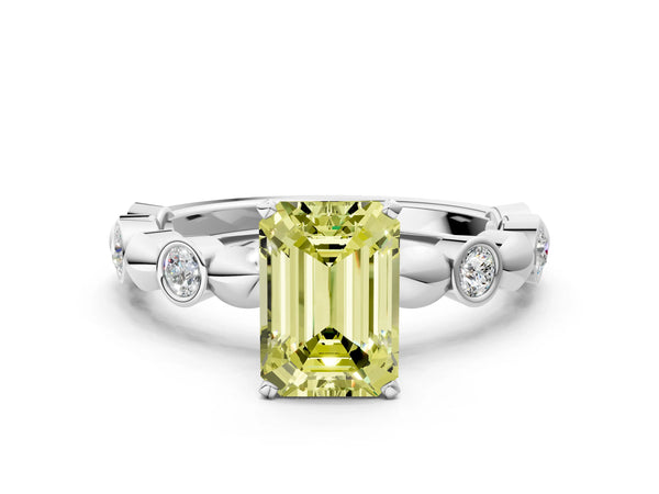 White gold Fancy Yellow Emerald  Solitaire Bezel-Set Diamond Ring with Beaded Band and Four-Prong Setting