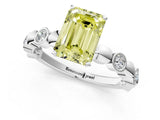 White gold Fancy Yellow Emerald  Solitaire Bezel-Set Diamond Ring with Beaded Band and Four-Prong Setting_33