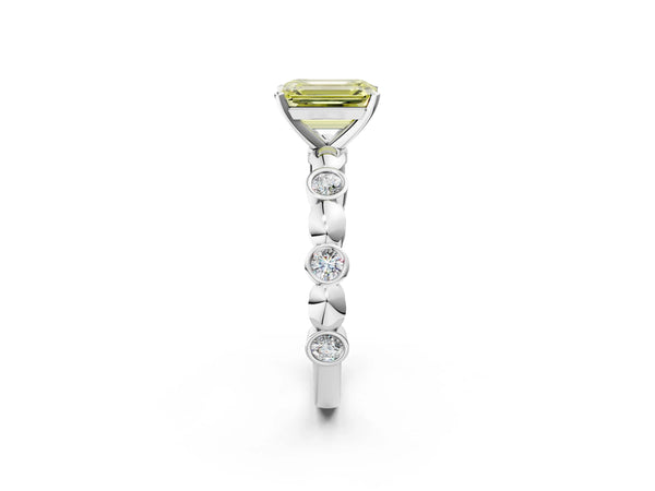 White gold Fancy Yellow Emerald  Solitaire Bezel-Set Diamond Ring with Beaded Band and Four-Prong Setting