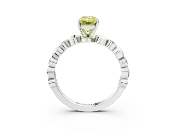 White gold Fancy Yellow Emerald  Solitaire Bezel-Set Diamond Ring with Beaded Band and Four-Prong Setting
