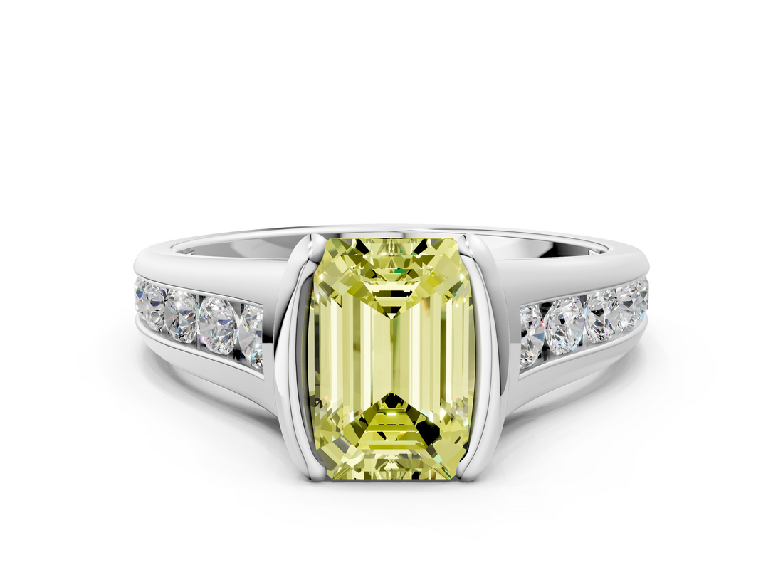 White gold Fancy Yellow Emerald  Solitaire Bezel-Set Diamond Ring with Channel-Set Band_36