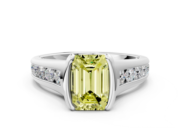 Platinum Emerald Cut Half Bezel Engagement Ring Setting for Fancy Yellow Center