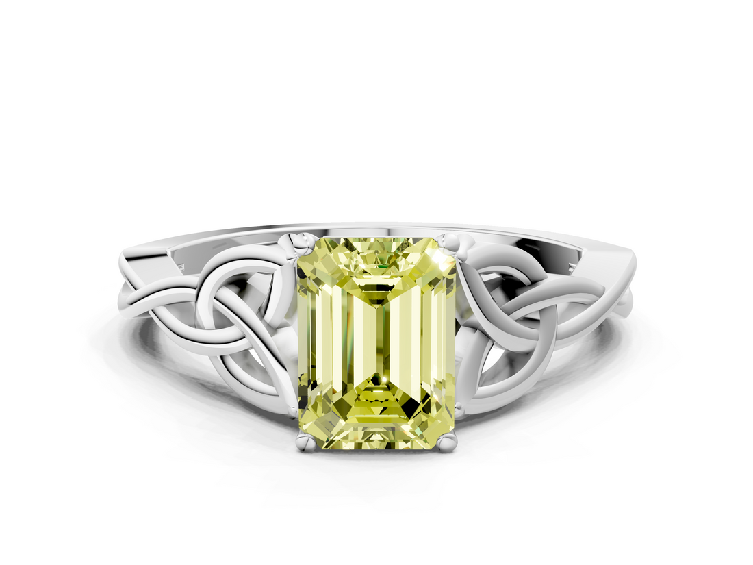 White gold Fancy Yellow Emerald  Solitaire Celtic Knot Engagement Ring with Four-Prong Setting_37