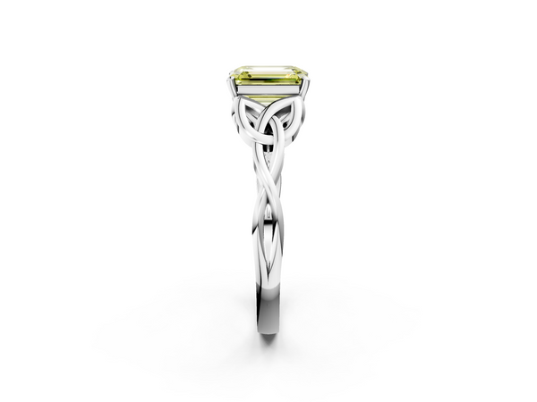 Platinum Fancy Yellow Emerald Cut Diamond Solitaire Engagement Ring with Celtic Knot Band and Four-Prong Setting