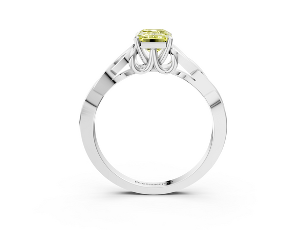 Platinum Fancy Yellow Emerald Cut Diamond Solitaire Engagement Ring with Celtic Knot Band and Four-Prong Setting