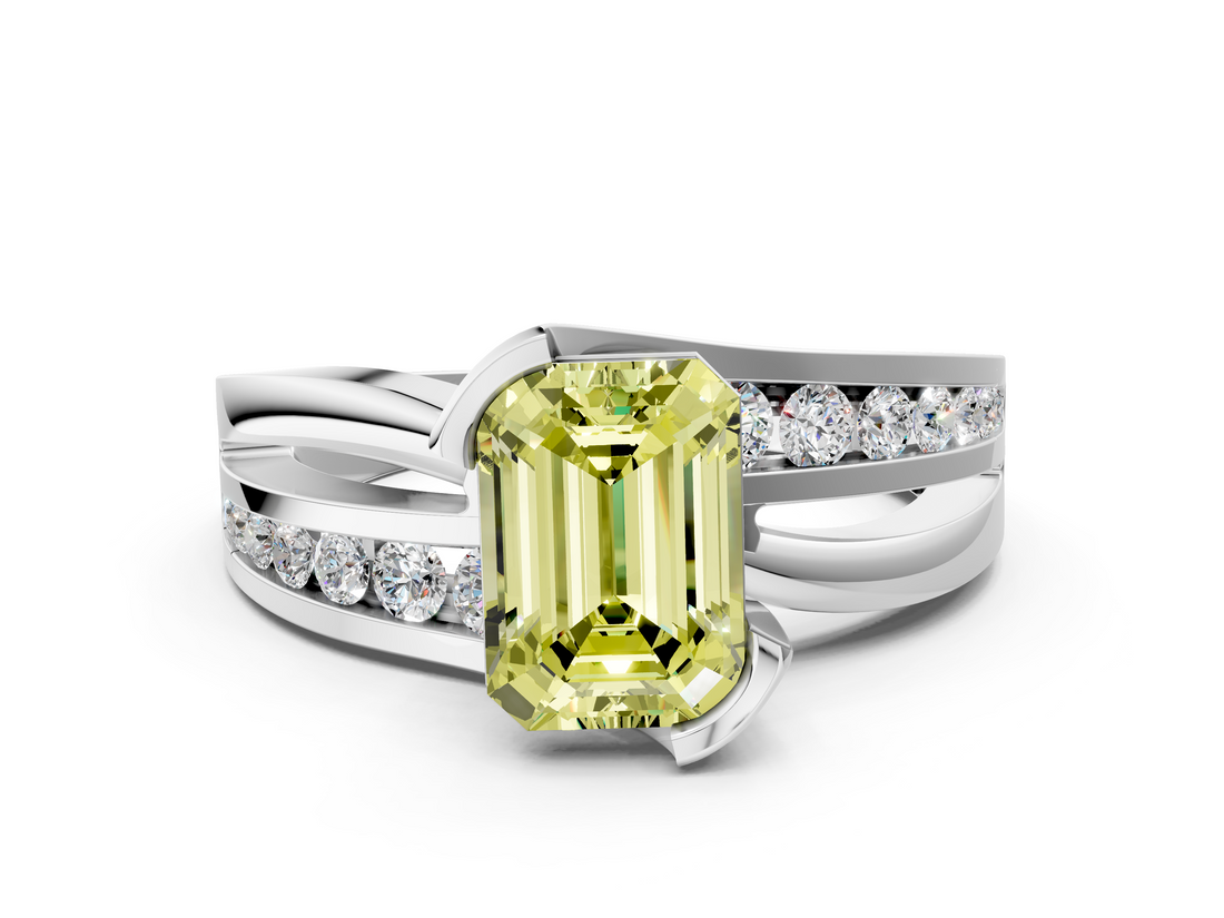 White gold Fancy Yellow Emerald  Solitaire Channel-Set Split Shank Ring with Tension Prong Setting_3