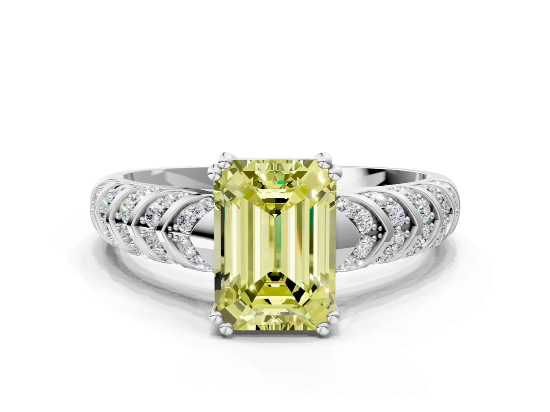 White gold Fancy Yellow Emerald  Solitaire Chevron Pave Diamond Engagement Ring with Six-Prong Setting_3