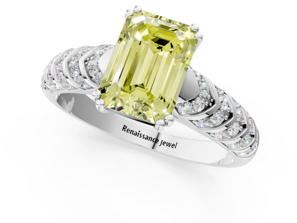 White gold Fancy Yellow Emerald  Solitaire Chevron Pave Diamond Engagement Ring with Six-Prong Setting