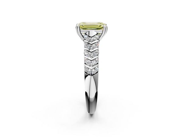 White gold Fancy Yellow Emerald  Solitaire Chevron Pave Diamond Engagement Ring with Six-Prong Setting