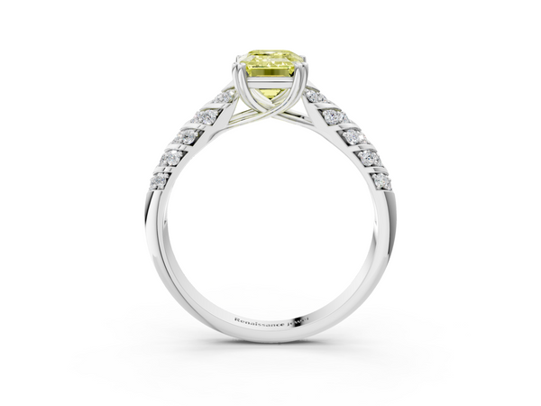 White gold Fancy Yellow Emerald  Solitaire Chevron Pave Diamond Engagement Ring with Six-Prong Setting