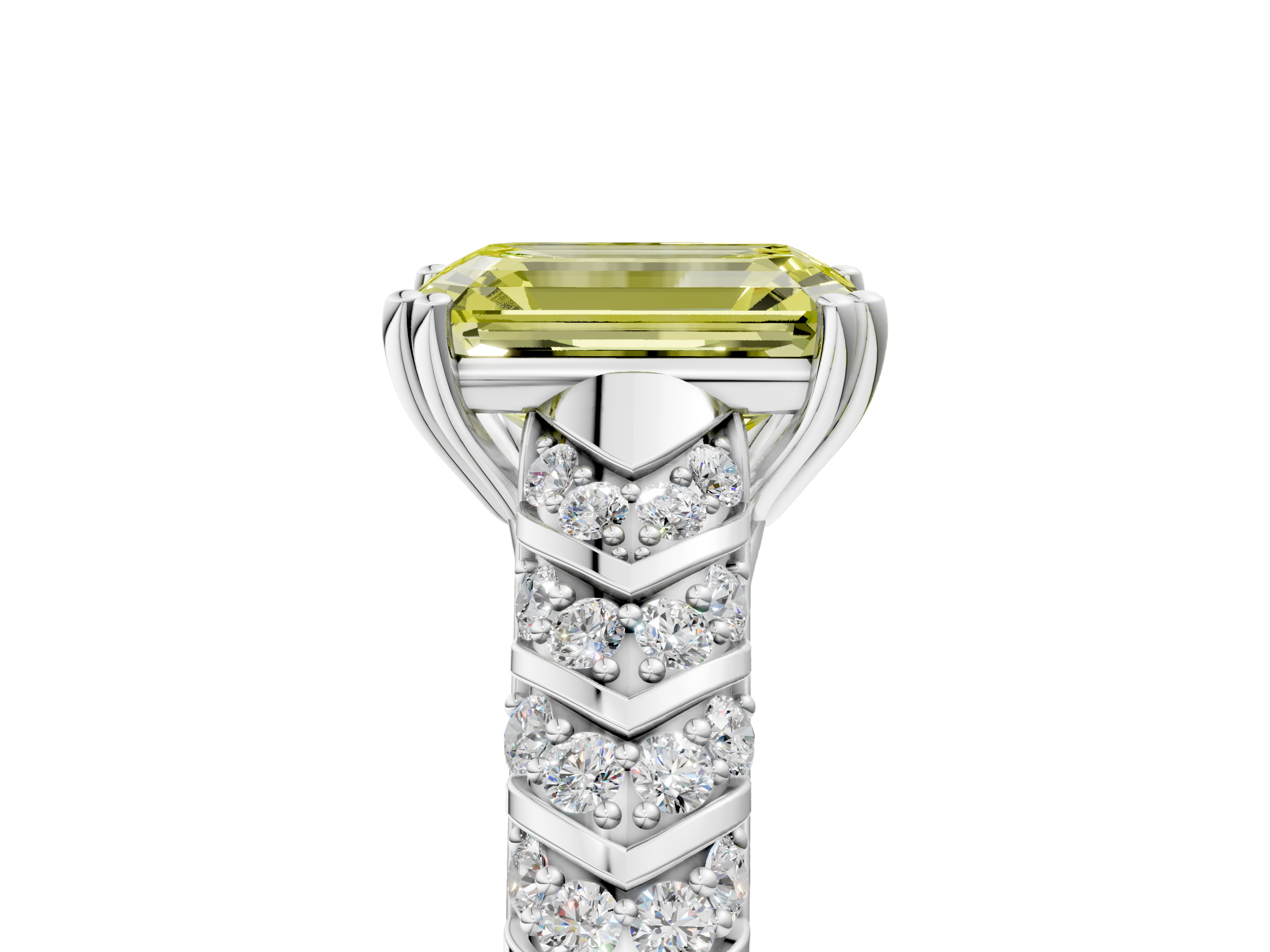 White gold Fancy Yellow Emerald  Solitaire Chevron Pave Diamond Engagement Ring with Six-Prong Setting_8