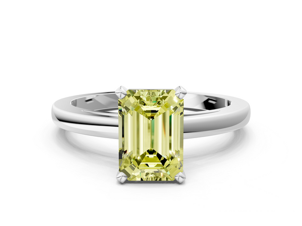 Platinum Fancy Yellow Emerald  Solitaire Diamond Engagement Ring with Four-Prong Setting on a Classic Band
