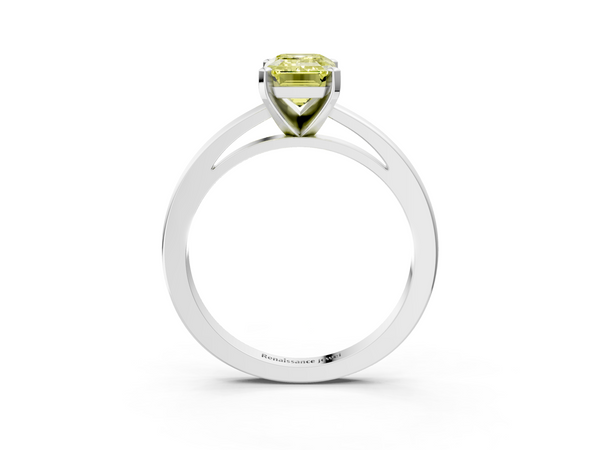 Platinum Fancy Yellow Emerald  Solitaire Diamond Engagement Ring with Four-Prong Setting on a Classic Band