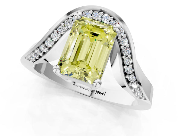 White gold Fancy Yellow Emerald  Solitaire Diamond Engagement Ring with Pave Band and Four-Prong Setting