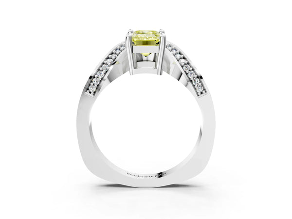 White gold Fancy Yellow Emerald  Solitaire Diamond Engagement Ring with Pave Band and Four-Prong Setting